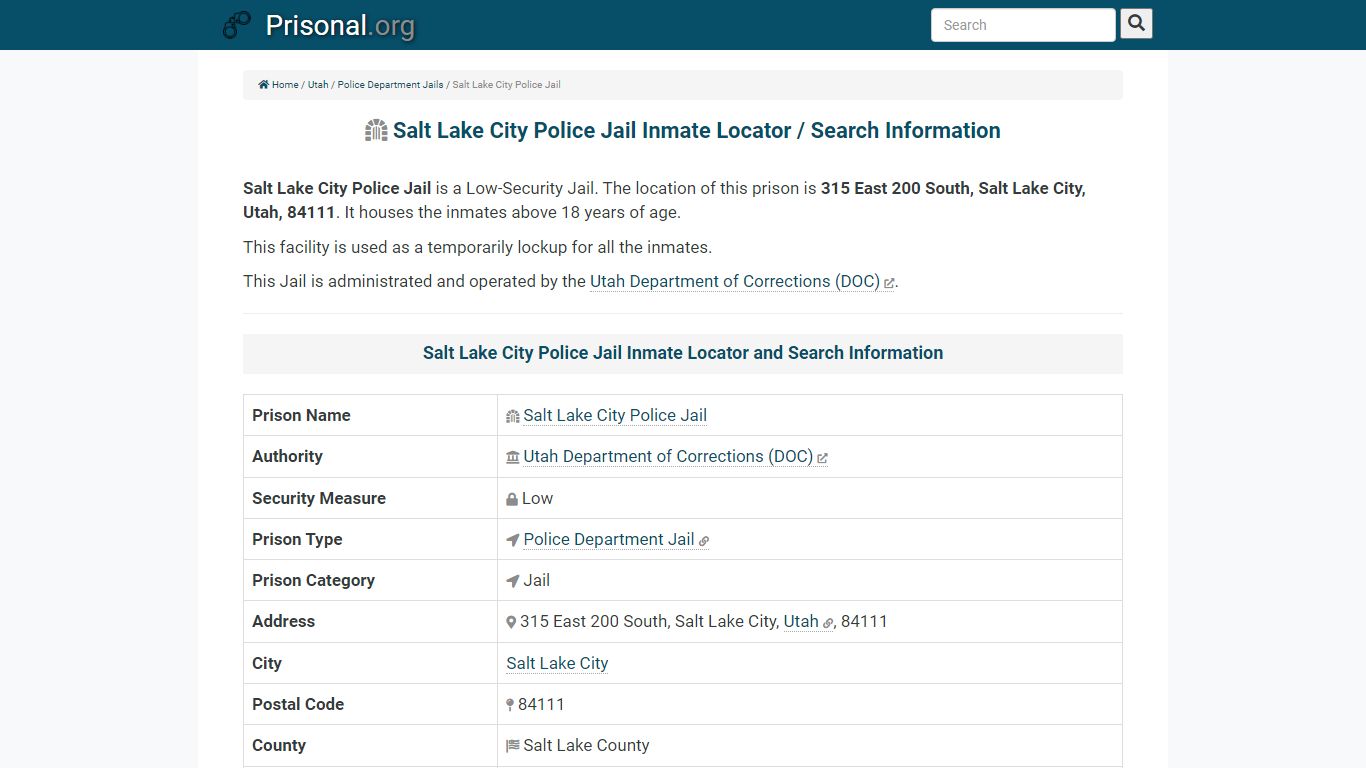 Salt Lake City Police Jail-Inmate Locator/Search Info ...