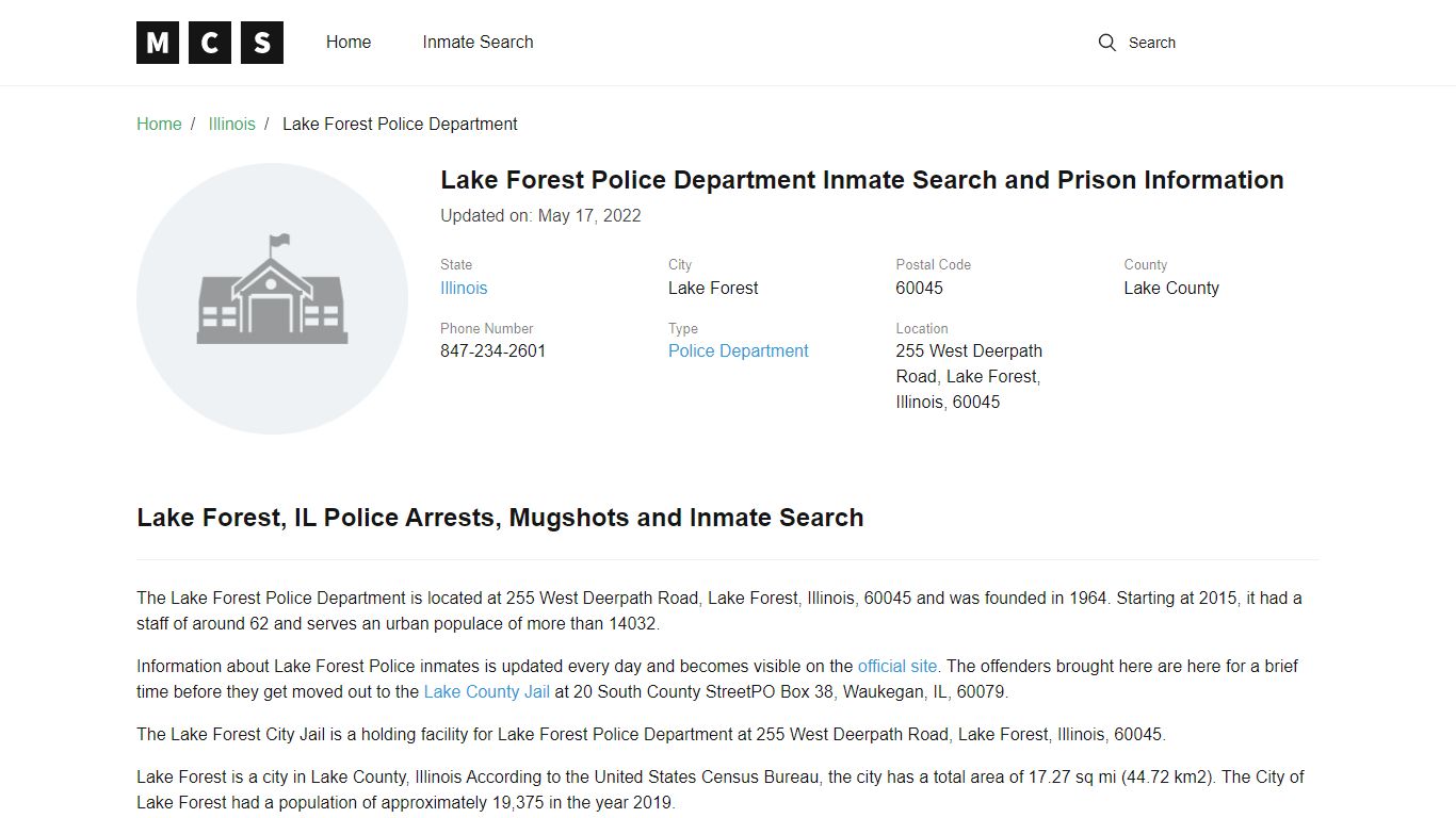 Lake Forest Police Department Inmate Search and Prison ...